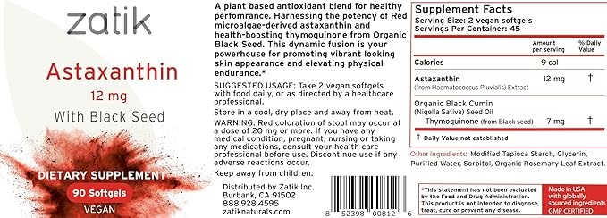 Zatik Naturals - Astaxanthin 12mg with Organic Black Seed Antioxidant 90 Vegan Softgels