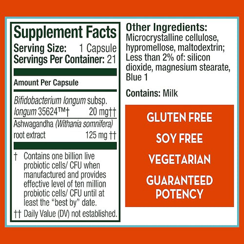 Align Probiotic Gut Health + Stress Support with Probiotics for Digestive Health and Ashwagandha to Help Calm Mind and Body* #1 Doctor Recommended Brand‡ 21 Capsules (Pack of 2)