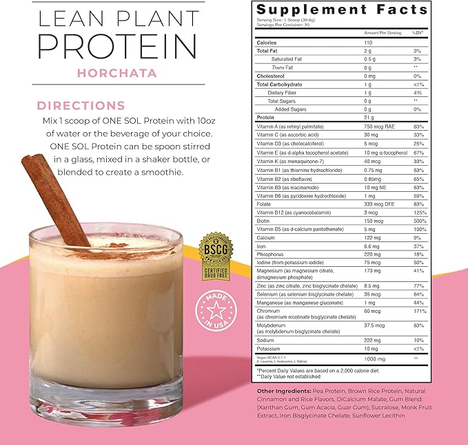 One Sol Lean Plant-Based Protein Powder Pea &amp Brown Rice Protein Low Carb Vegan Friendly - Gluten Lactose &amp Soy Free - No Added Sugar Non-GMO Clean Nutrition No Bloating (Horchata)