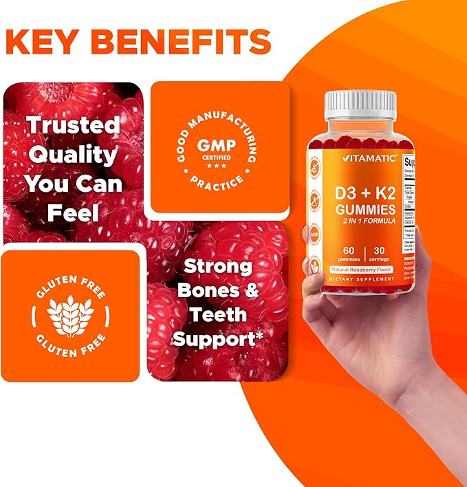 Vitamatic Vitamin D3 &amp K2 Gummies (2-Pack 60 Count) Supports Healthy Bones Heart Health Calcium Absorption and Immune Function Plant-Based Non-GMO Gluten-Free