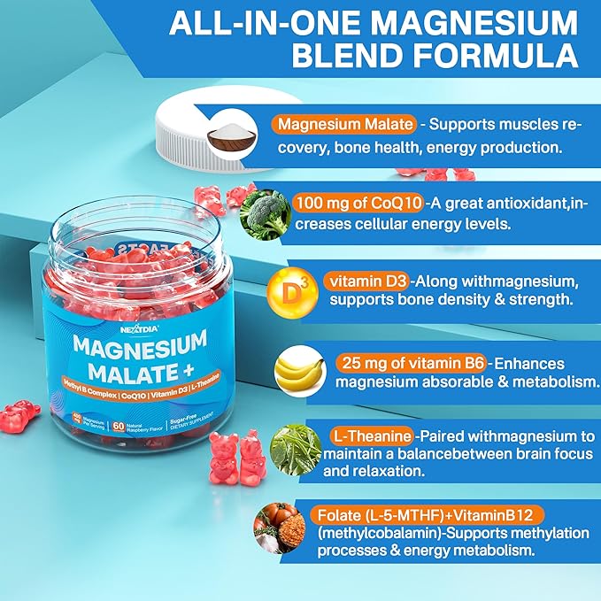 Magnesium Malate Energy Gummies Plus L-Theanine CoQ10 Methyl B12 Methylfolate B6 &amp D3-400mg Magnesium Gummy Sugar Free for Women Men Supports Muscle Function Calm &amp Relax Vegan 60 Cts