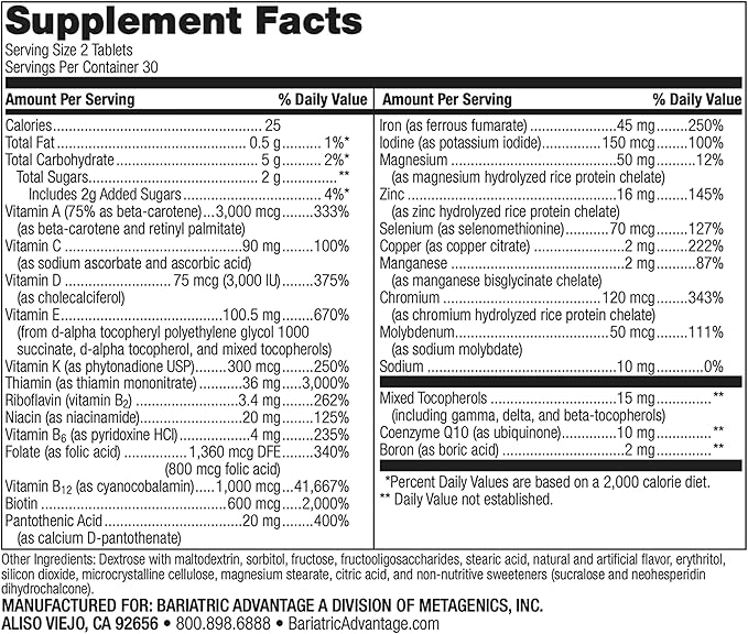 Bariatric Advantage Chewable Advanced Multi EA - High Potency Daily Multivitamin with Iron for Bariatric Surgery Patients - Strawberry Flavor - 60 Count