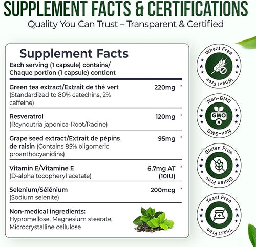 220mg Green Tea Extract Capsules 120mg Resveratrol &amp 90mg Grape Seed Extract with Viatmin E and Selenium 4 Packs of 90 Antioxidant Support Capsules Serving Size: 1 Capsule 360 Days Supply