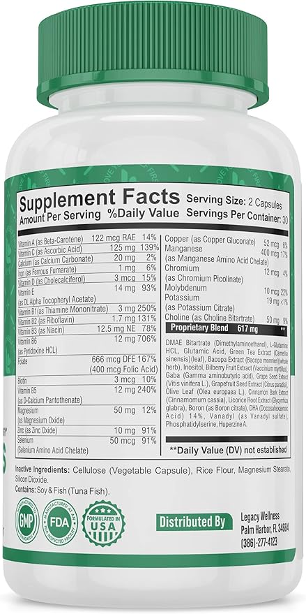 Mind Bliss Brain Supplement: 40-Ingredient Memory Focus &amp Clarity Vitamins Energy Boost &amp Nootropic Support with DMAE 60 Pills