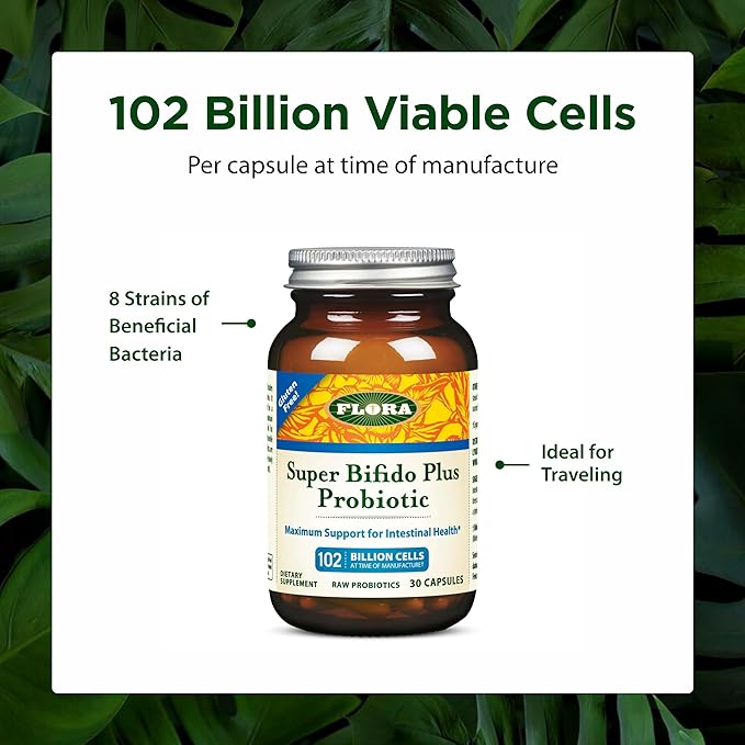 Flora Super Bifido Plus 102 Billion CFU Raw Probiotics for Men &amp Women Bifidobacterium Lactobacillus Digestion IBS Immune System Gut Balance Supplements - 30 Vegetarian Capsules