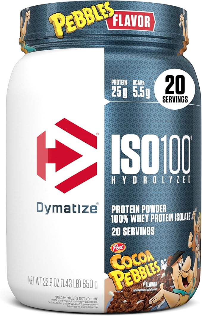 Dymatize x Cocoa Pebbles ISO100 Whey Protein Powder Isolate 25g of Protein 20 Servings 5.5g BCAAs 120 Cal. Gluten Free 1g Fat 1g Sugar 2g Carb