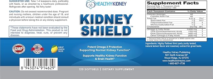 Kidney Shield Omega 3 Fish Oil Supplements - DHA EPA Omega 3 Supplement for Women &amp Men Kidney Health - Omega3 to Support Normal Kidneys Function &amp Cleanse Detox &amp Repair - 120 Lemon Soft
