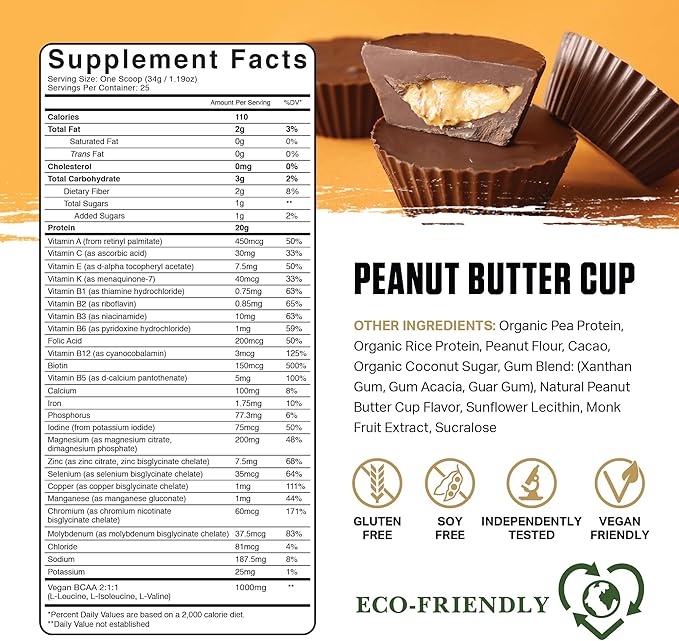 Ambrosia Planta - Plant-Based Protein Powder 20g | Dairy Free Vegan Protein Powder with BCAA Amino Acids | Keto-Friendly No Added Sugar | 25 Servings | Peanut Butter Cup