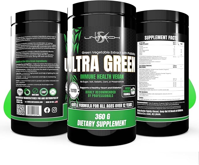 Unitech USK Ultra Green Powder | Health Supplement Immune Support and Digestive Relief | Rich with Probiotics Green Algae Seaweed and Beet Root | Gut Health Enhancement | 16 Oz