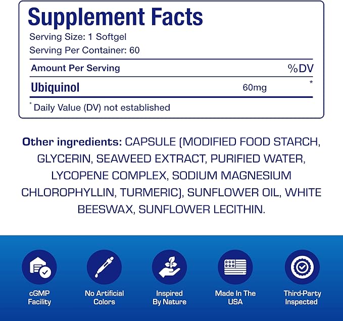 Ultra Absorption Ubiquinol CoQ10 Supplement - Coenzyme Q10 Supplement for Heart Immune Energy Cellular &amp Brain Support - Vegetarian Non-GMO &amp Made in The USA in cGMP Facilities - 60 Servings