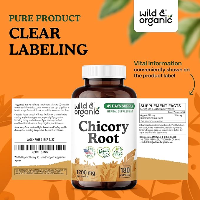 Wild &amp Organic Chicory Root Fiber Capsules - 1200 mg of Chicory Root Powder per Serving - Digestive &amp Gut Support - Inulin Prebiotic Fiber Supplement - Non-GMO Vegan Inulin Capsules - 180 Cou