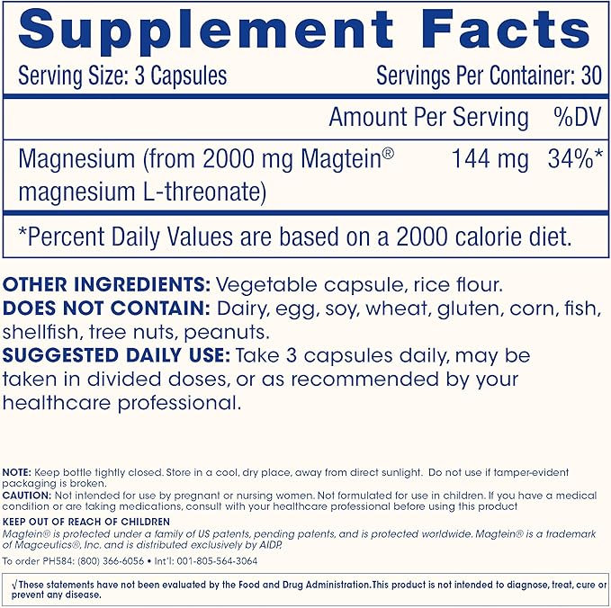 Magnesium L-Threonate Supplement (Magtein) 90 Capsules | Clinically Supported for Brain Health | Optimize Learning Memory &amp Focus | 3rd Party Tested
