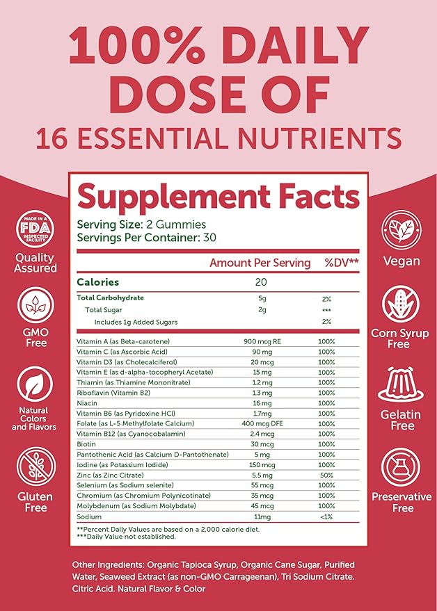 Lunakai USA Made Womens Multivitamin Gummies - Delicious Daily Dose with 16 Multi Vitamins for Women - Energy &amp Immune Support Non-GMO 60 Ct