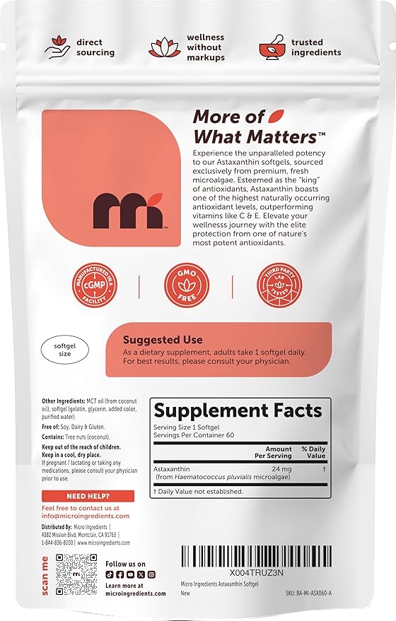 Micro Ingredients Astaxanthin 24mg with MCT Oil 60 Softgels 2 Month Supply | Max Strength Astaxanthin Antioxidant Supplements | Fresh Microalgae Source | Non-GMO Gluten Free No Soy