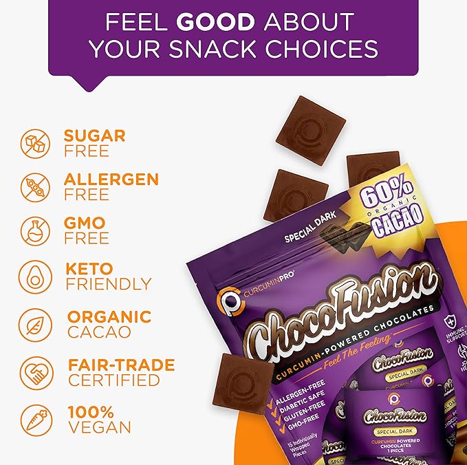 curcuminpro ChocoFusion Special Dark 2 Pack | The World's Only BioSoluble Curcumin | Made from Organic Turmeric | Vegan Allergen Free Sugar Free Keto Friendly Organic Non-GMO Chocolates