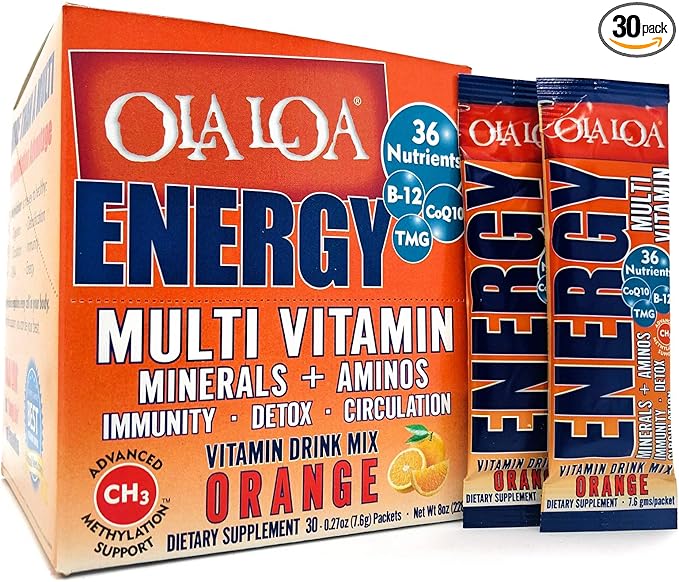 Ola Loa Energy Orange Multi Vitamin Drink Mix - Amino Energy Powder Gluten Free Detox Dairy Free Caffeine Free - Drink Your Vitamins for the Rigors of Daily Life - 30 Packets (8.25oz)