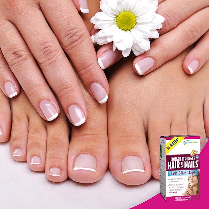 Applied Nutrition Longer Stronger Hair &amp Nails - 60 Liquid Soft-Gels Pack of 4 - Biotin Silica &amp Collagen - 120 Servings