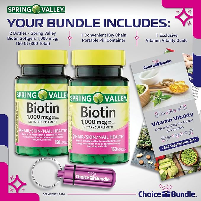 Choice Bundle Spring Valley Biotin Softgels 1000mcg Dietary Supplement for Hair Skin Nail Health 150 Ct 2 pk (300 Total) + Vitamin Guide &amp Pill Container (4 Items)!