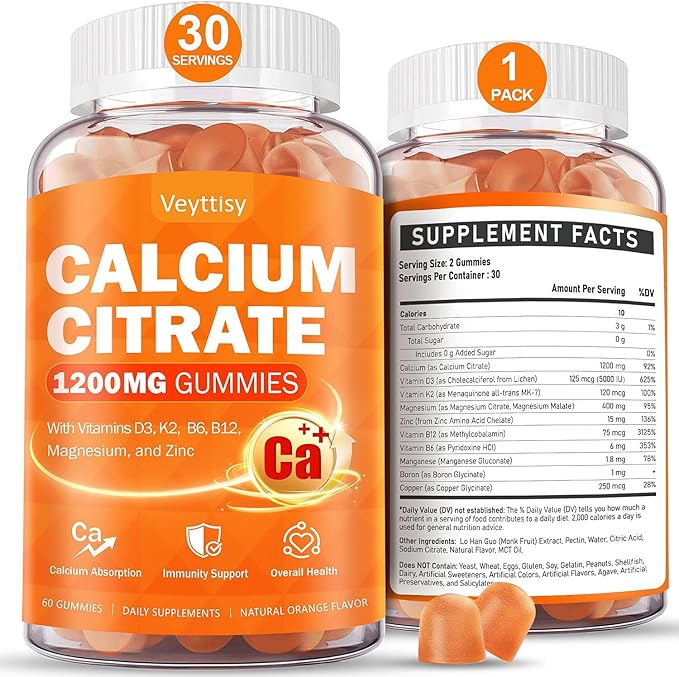 Calcium 1200 mg with Vitamin D3 Supplement for Adults - Calcium Gummies with 5000iu Vitamin D3 K2 B6 B12 Magnesium &amp Zinc - Calcium Supplement for Women Men - Easy to Digest Vegan