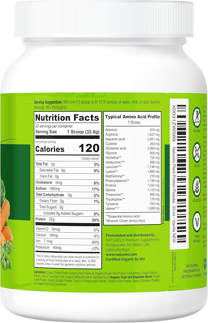 NATURELO Plant Protein Powder Vanilla 22g Protein - Non-GMO Vegan No Gluten Dairy or Soy - No Artificial Flavors Synthetic Coloring Preservatives or Additives - 20 Servings