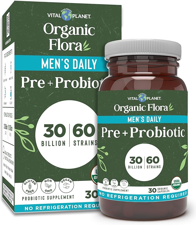 Vital Planet - Organic Flora Probiotics for Men Men's Daily Shelf Stable Probiotic 30 Billion CFU 60 Diverse Strains Prebiotic Organic Mushroom Blend Immune and Digestive Health 30 Capsules