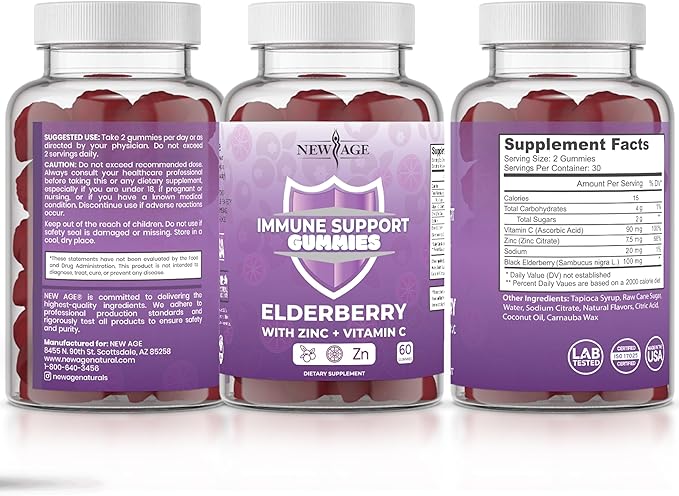 NEW AGE Immune System Support Gummies - Sambucus Black Elderberry Gummies with Vitamin C and Zinc (180 Count (Pack of 3))