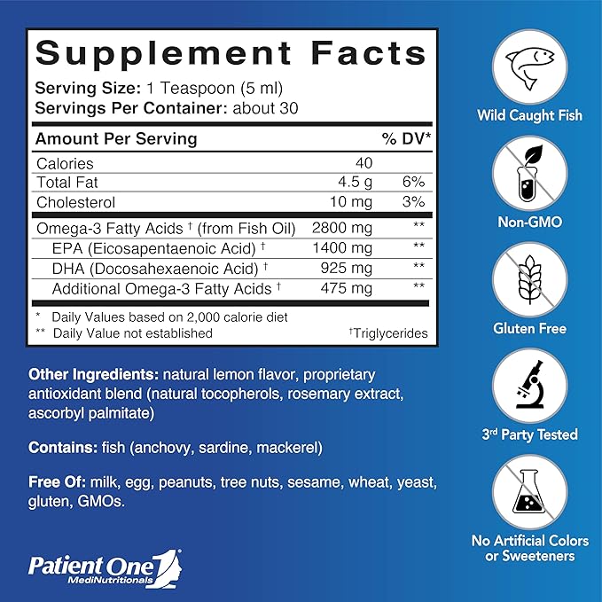 Patient One Omega 2800 Liquid | Supplement to Support Heart Cognitive and Joint Health* | High-Potency Omega-3 Fish Oil | Lemon Flavor | 5 fl oz