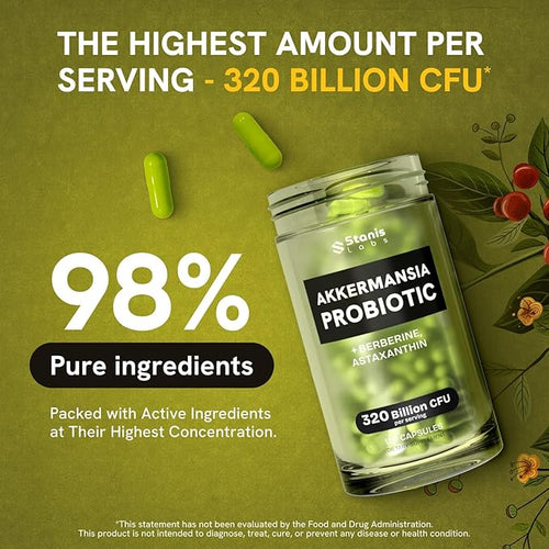 Akkermansia Muciniphila Probiotics 320 Billion CFU| Probiotic and Prebiotic | Akkermansia Probiotics for gut health | Inulin Prebiotic Fiber Capsules Astaxanthin &amp Berberine &amp Chromium | 120 c