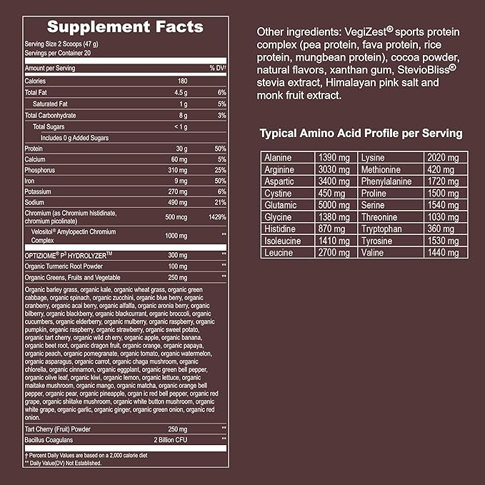 Vegan Sport Protein Powder Chocolate 20 servings – 30g Plant Based Protein VELOSITOL BCAAs Organic Greens &amp Fruits Probiotics Tart Cherry for Post Workout Recovery Inform Sports Certified Ke