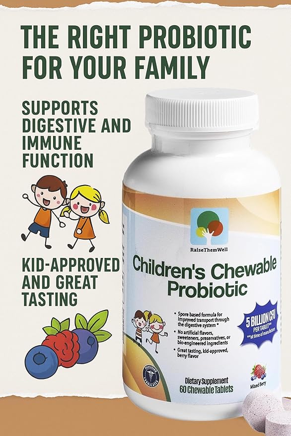 Raise Them Well Children’s Probiotic Chewable Gut Health Tablets for Kids Supports Digestion Immunity &amp Nutrient Absorption No Artificial Additives Mixed Berry 60 Servings