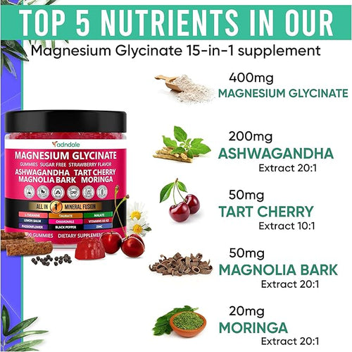 Adndale Magnesium Glycinate 400 mg Gummies with Ashwagandha Magnesium Malate &amp Taurate Tart Cherry Magnolia Bark Lemon Balm Passionflower Chamomile L-Theanine Zinc Vitamin K2 &amp D3. 90