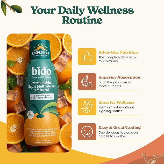Bido Adult Liquid Multivitamin &amp Minerals for Women and Men | 60+ Nutrients for Energy Immunity Mood | Orange Flavor 32 Servings