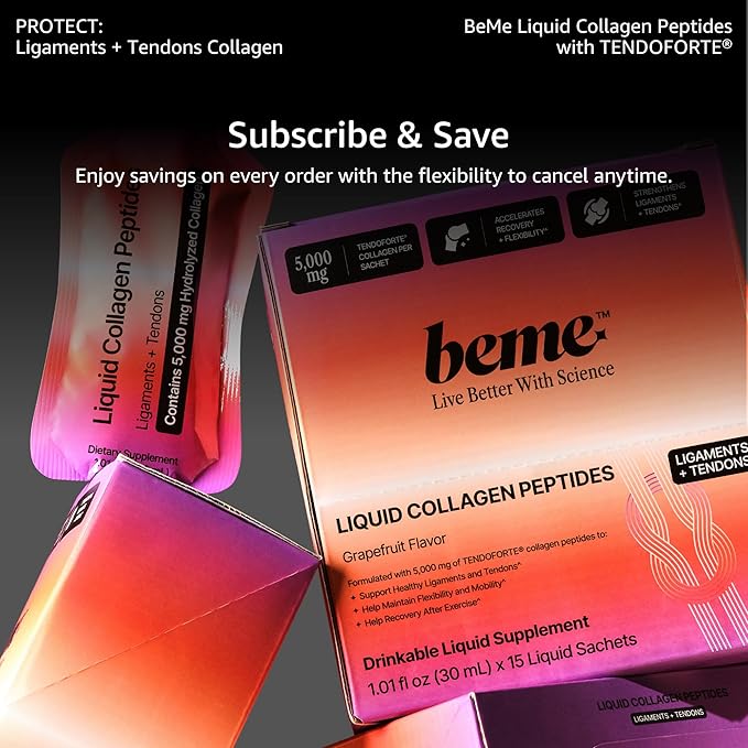 BeMe Tendon and Ligament Supplements - 5000mg TENDOFORTE Collagen Peptides for Tendon Repair Supplement and Ligament Repair - 15 Liquid Grapefruit Sachets
