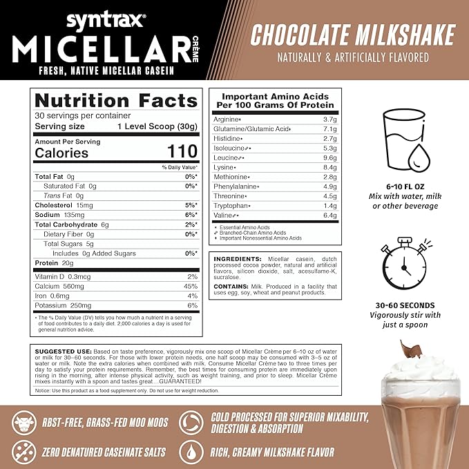 Syntrax Nutrition Micellar Creme Fresh Native Micellar Casein Chocolate Milkshake 2 lb