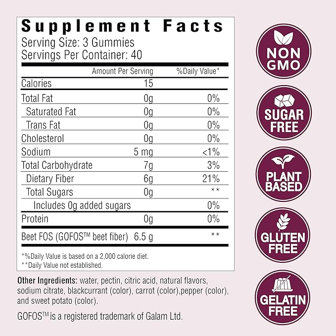 Country Farms Fiber Care Prebiotic Gummies 6g of Fiber Per Serving FOS from Beets Digestive Health Supports Regularity Mixed Fruit Flavor