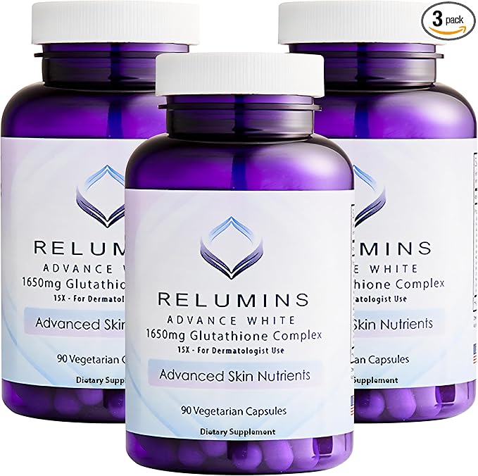Relumins L-Glutathione Complex 1650mg - Spring Glow Essentials Antioxidant Support with Alpha Lipoic Acid NAC L-Methionine &amp Vitamin E for Skin Made in USA - 90 Vegetarian Capsules x 3 Bottles