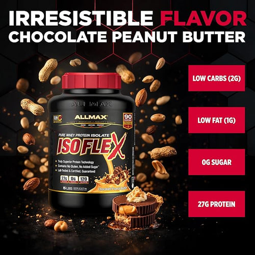 ALLMAX ISOFLEX Pure Whey Isolate Protein Powder - Gluten Free Low Lactose Sugar-Free - High-Protein Clean Keto-Friendly Pre Post Workout Supplement Women and Men | Chocolate Peanut Butter 5lb