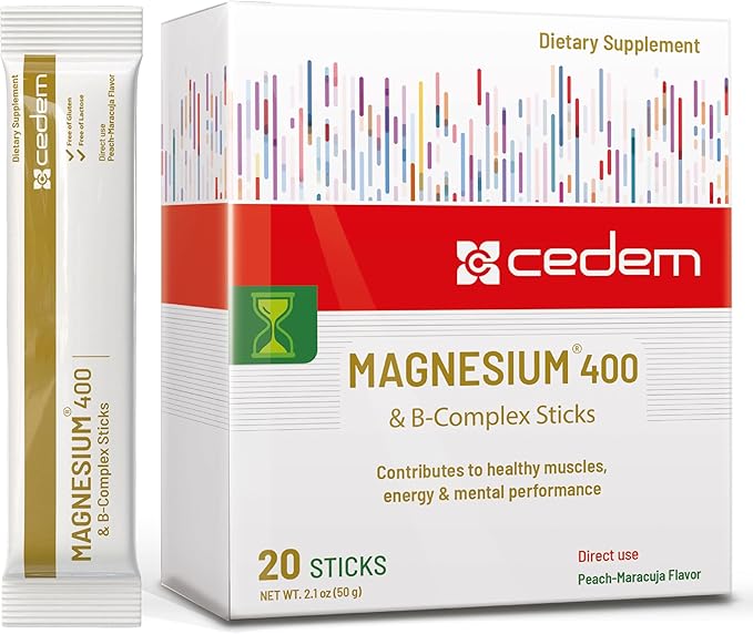 Switzerland Magnesium 400mg Sticks Peach Flavor Direct Use on Tongue Without Liquid with Vitamins B Support Muscle &amp Bone Health Improve Energy Gluten &amp Lactose-Free 20 Sticks (Sachets)