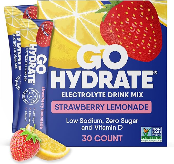 GoHydrate Low Sodium Electrolytes Powder Packets Sugar Free - Instant Hydration Daily Drink Mix - Zero Sugar Water Flavor Packet Singles with Vitamin D - (Strawberry Lemonade 30 Packs)