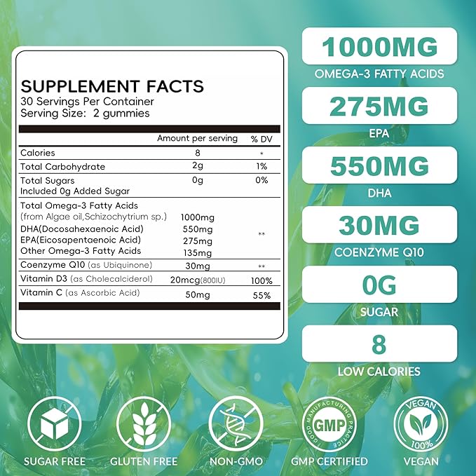 Vegan Omega-3 Algae Oil Supplement with DHA 300mg &amp EPA 150mg Plant-Based Omega-3 with Vitamin D3 &amp K2 Fish-Free Algal Oil Softgels for Men &amp Women 2 Pack 120 Softgels 60 Day Supply
