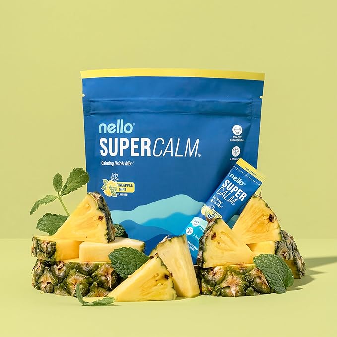Nello Supercalm Powdered Drink Mix Cortisol Reducer* and Sleep Aid Supplement L Theanine Ksm-66 Ashwagandha Magnesium Glycinate Vitamin D 3 No Sugar Non GMO On The Go 20 Ct Pineapple Mint
