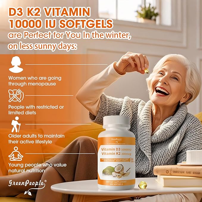 GREENPEOPLE K2 D3 Vitamin Supplement Vitamin D-3 &amp K-2 MK-7 10000 IU/200 mcg with Virgin Non-GMO Coconut MCT Oil | 300 Vegan Softgels | Bone Health Immune Support