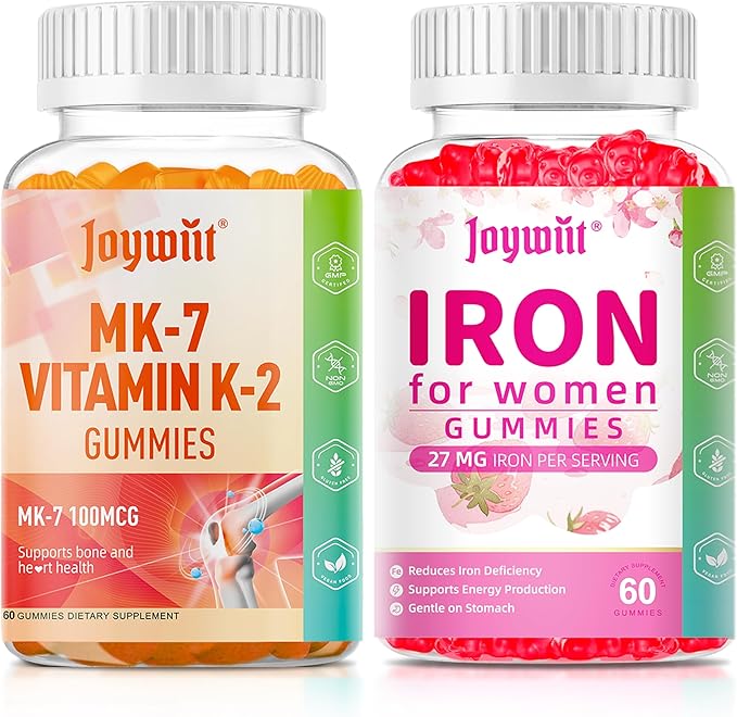 Vitamin K2 MK-7 Gummies 100mcg Supplement for Bone &amp He-Art Support +Iron Gummies Iron Supplement for Women 27mg Ferrous Sulfate