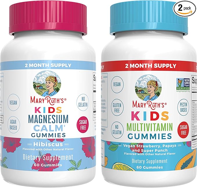 MaryRuth Organics Multivitamin (Strawberry) and Magnesium Calm Gummies (Hibiscus) for Kids | Clean Label Project Verified® | Vitamins for Overall Wellness and Sleep| Vegan Non-GMO Gluten Free