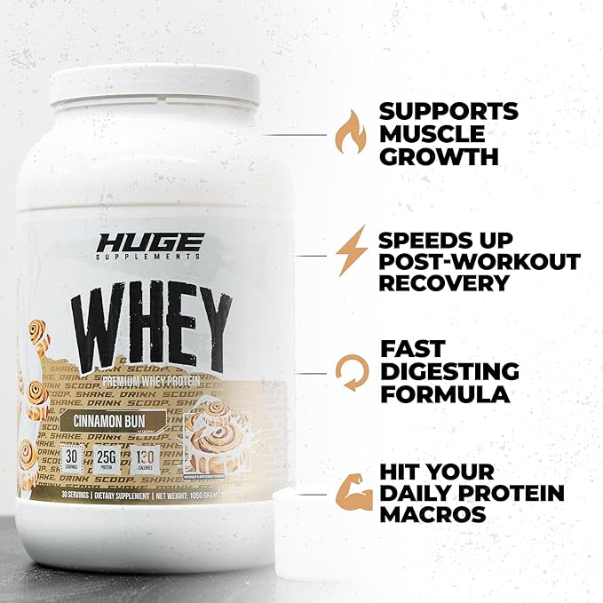 Huge Whey Protein Powder for Muscle Gain 25g Protein 12g EAAs Supports Muscle Growth Performance &amp Recovery (Cinnamon Bun 30 Servings)