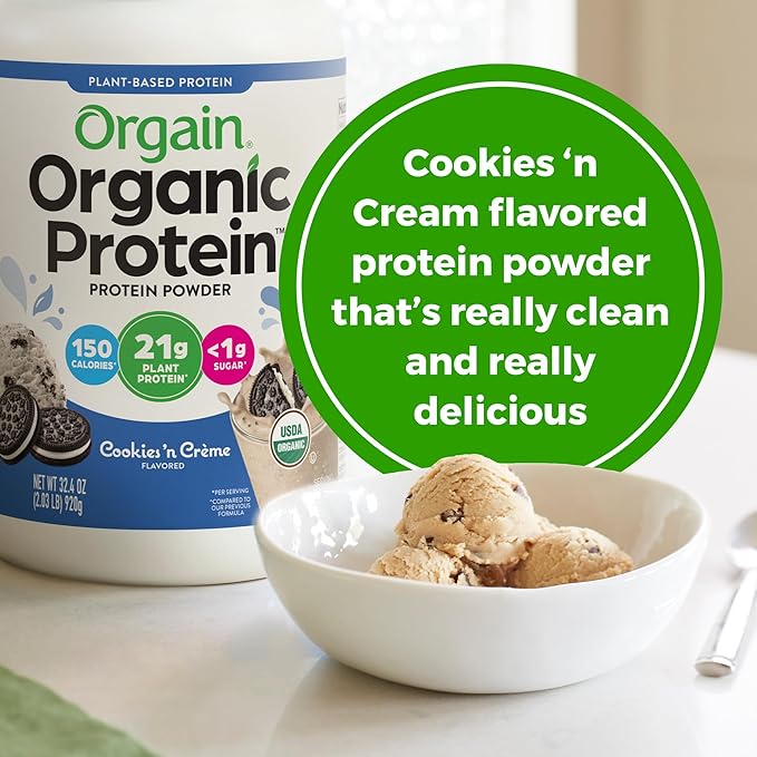 Orgain Organic Vegan Protein Powder Cookies &amp Cream - 21g Plant Based Protein 7g Prebiotic Fiber Low Net Carb No Lactose Ingredients No Added Sugar Non-GMO For Shakes &amp Smoothies 2.03