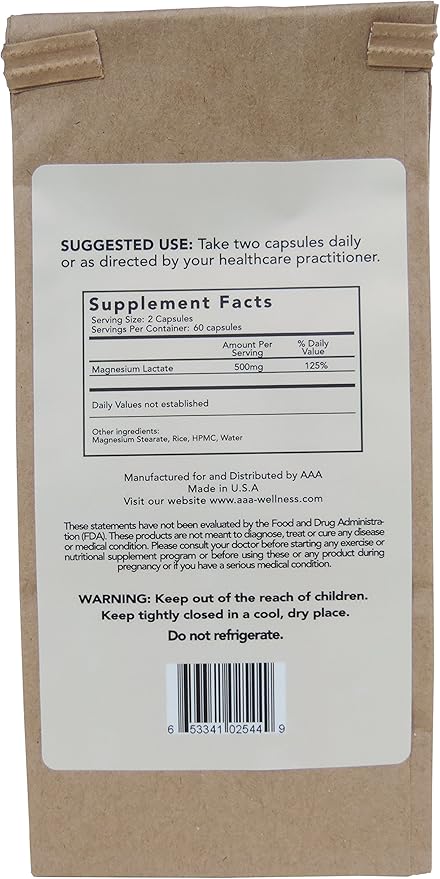 Magnesium Lactate 500 mg 120 Easy to Swallow Small Vegetarian Capsules. Doctor formulated. High Absorption. Recycled Eco-Friendly Paper Bags for Original Purchases or Bottle Refills. Made in USA.