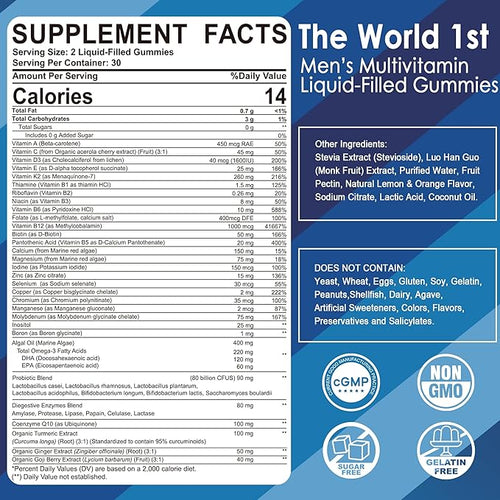 2 Pack - Mens Multivitamins Gummies Methylated Multivitamin for Men B Complex Minerals Vegan Omega 3 Probiotic Enzyme Antioxidants for Men's Complete Daily Support Sugar Free Vegan (No Iron)