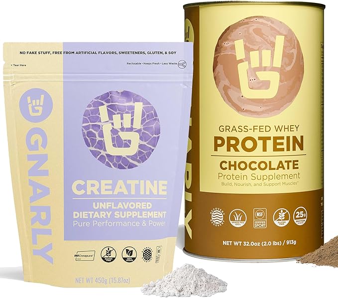 Gnarly Nutrition Creatine Powder Unflavored (16.05oz) and Gnarly Whey Grass-Fed Protein Supplement Chocolate (32.0oz)