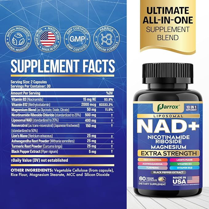 NAD+ Supplement with Liposomal NAD+ Nicotinamide Riboside Magnesium Vitamin B3 &amp B12 Resveratrol Turmeric Ashwagandha Lion’s Mane10-in-1 Extra Strength (2 Pack)